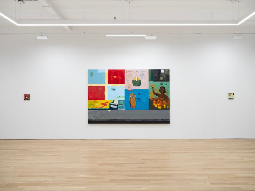 A wide gallery view shows a central painting composed of colorful panels, including a figure engulfed in flames, flanked by smaller works on white walls.