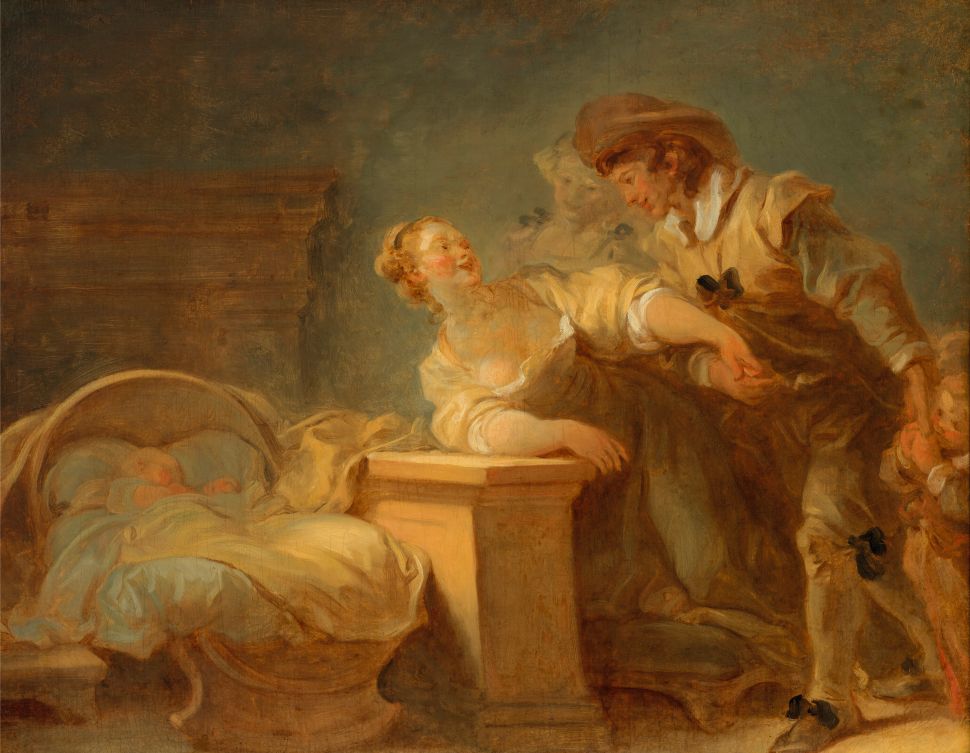 A Rococo painting showing a tender domestic scene in which a woman leans toward a man as they gaze at a sleeping infant in a cradle, rendered in soft, glowing brushstrokes and warm pastel tones.