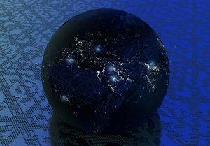 Aerial view of the earth with interconnected network lines