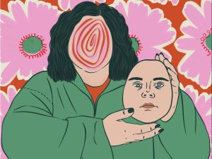 Illustration of a faceless woman holding a realistic mask of her own face against a background of oversized pink flowers, symbolizing identity, control, and performance.
