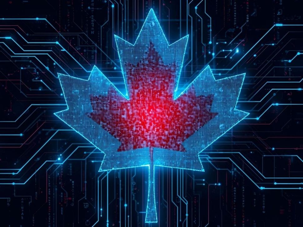 An illustration of a digitized Canadian leaf, representing Canadian digital sovereignty and security