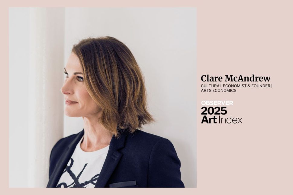 Professional portrait of Clare McAndrew, founder of Arts Economics, wearing a black blazer and white shirt. The image includes "Observer 2025 Art Index" branding with her name and title "Founder & Cultural Economist, Arts Economics," on the right side.