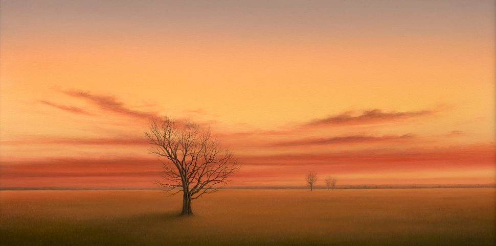 A wide landscape image shows a flat, open field under a warm orange and pink sky with a single leafless tree in the foreground and a few smaller trees fading into the distance.