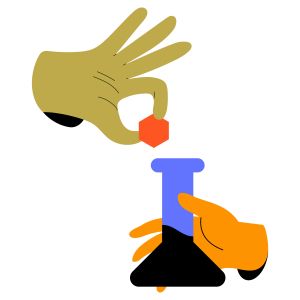 A hand adds a red hexagon to a graduated cylinder