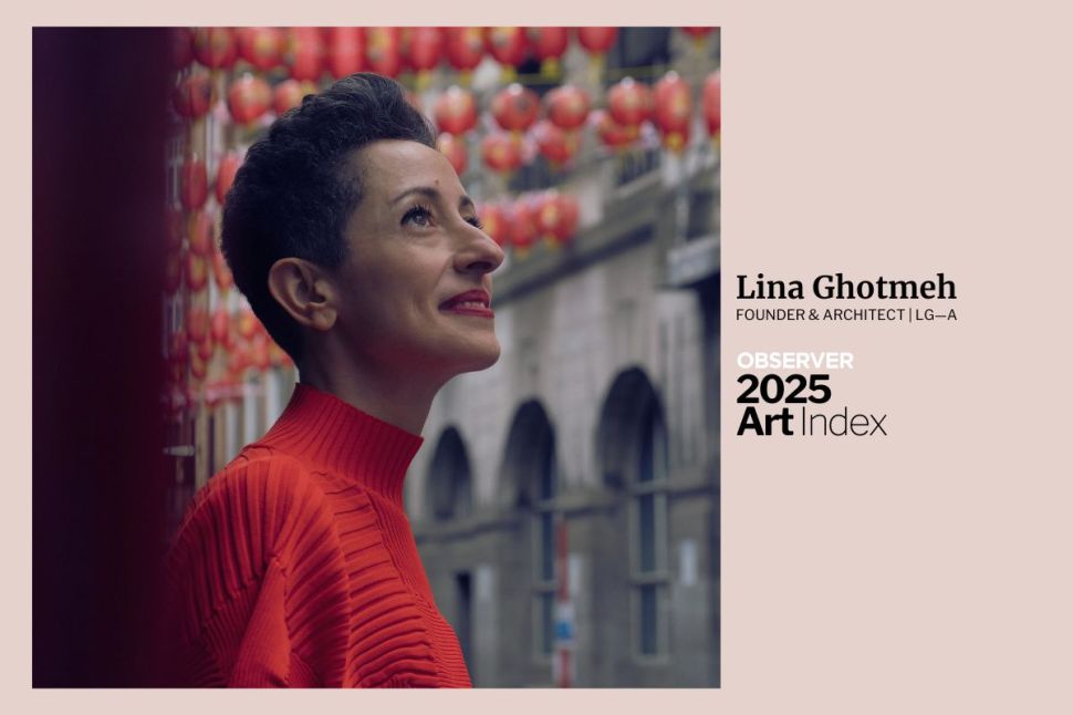 Professional portrait of Lina Ghotmeh, founder of LG—A, wearing a red blouse. The image includes "Observer 2025 Art Index" branding with her name and title "Founder & Architect, LG—A," on the right side.