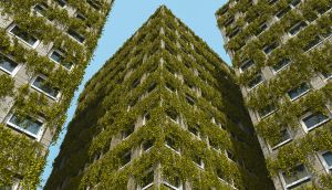 Tall buildings covered in plants
