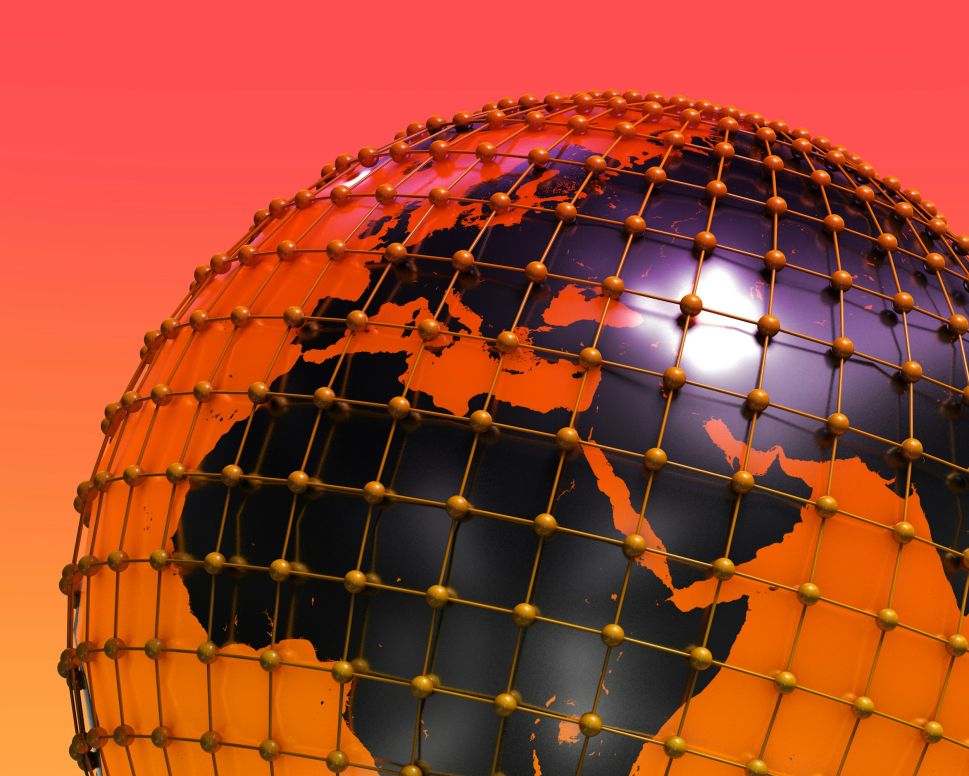 An orange and black globe against a red background
