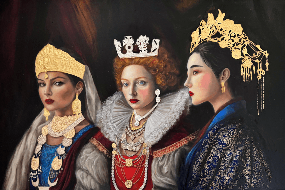 A horizontal painting showing three crowned women posed shoulder-to-shoulder, each in historical attire from different cultures, facing slightly different directions against a dark, softly blended background.