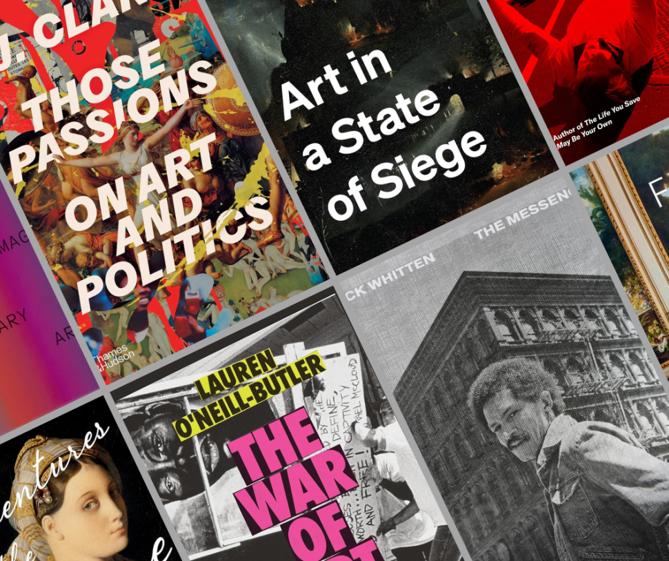 A collage of book covers set in a grid and tipped to the side